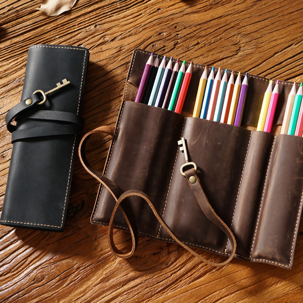 Pen Pouch Roll - Retro Genuine Leather Handmade Pen Roll